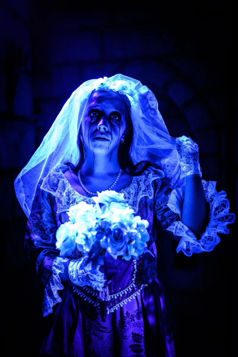 Veiled ghost bride holding a bouquet, bathed in blue light