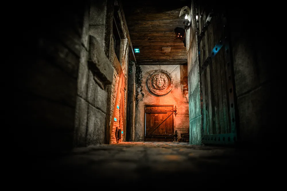 Stone corridor leading to a door decorated with a medallion